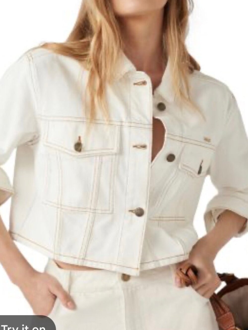 ba&sh Off-White Cropped Denim Jacket – Contrast Stitch, French, Size S